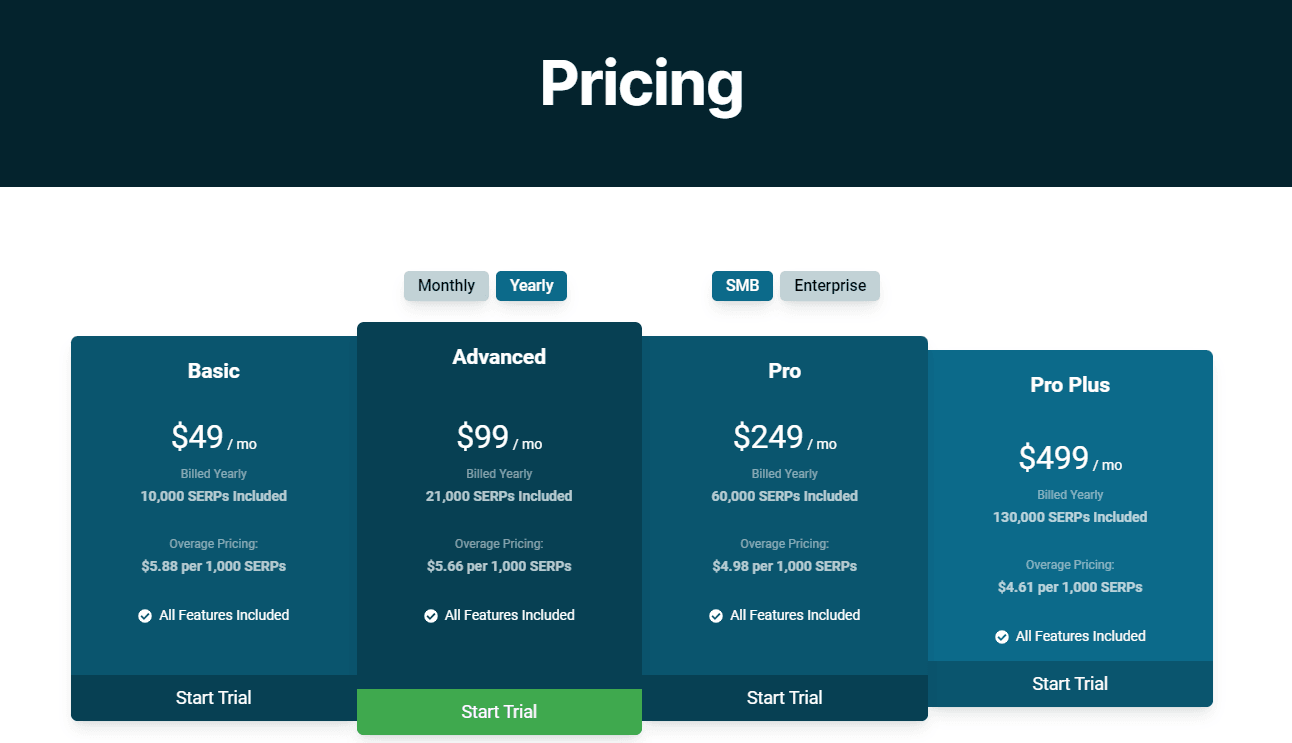 Pricing page listing the available plans