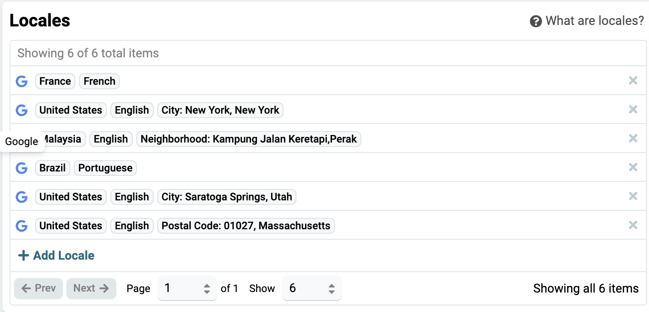 Location picker listing the country, state, county, city, and ZIP code tracking options