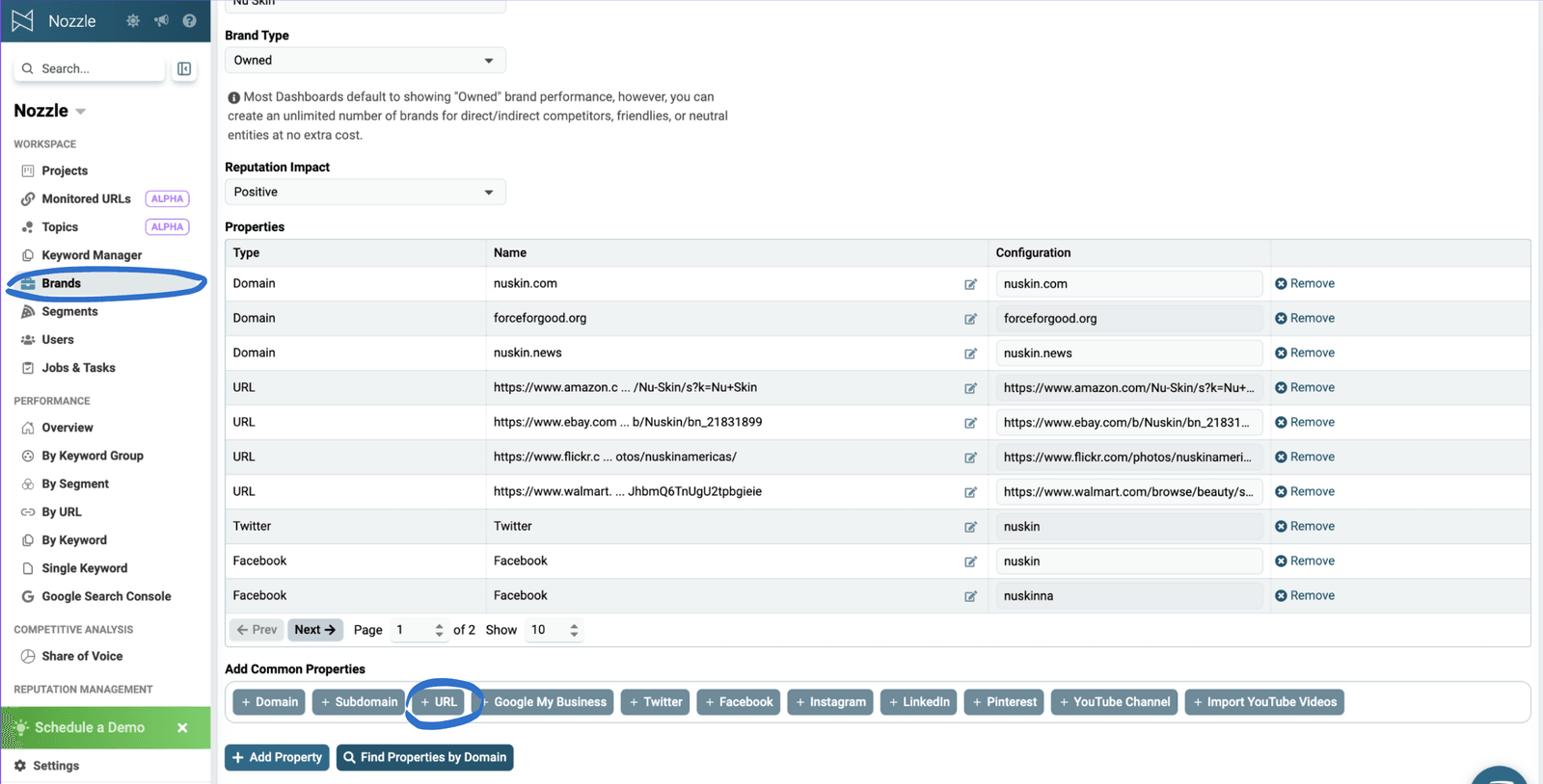Brands dashboard with a brand opened for editing