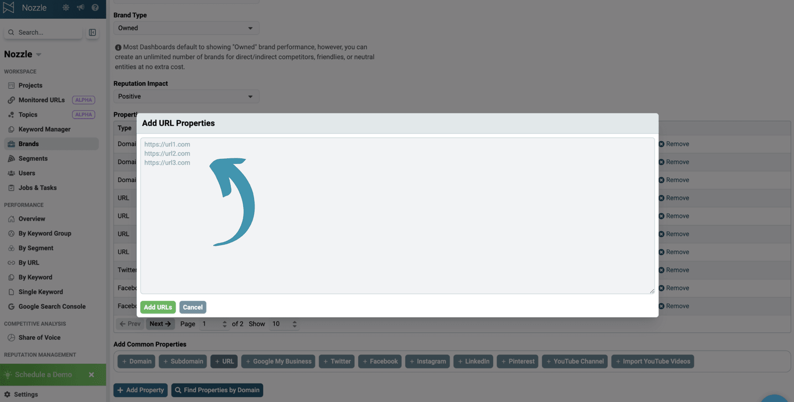 Pop-up box for pasting multiple URLs after clicking + URL