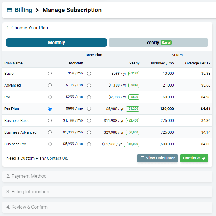 Plan chooser with monthly and yearly options