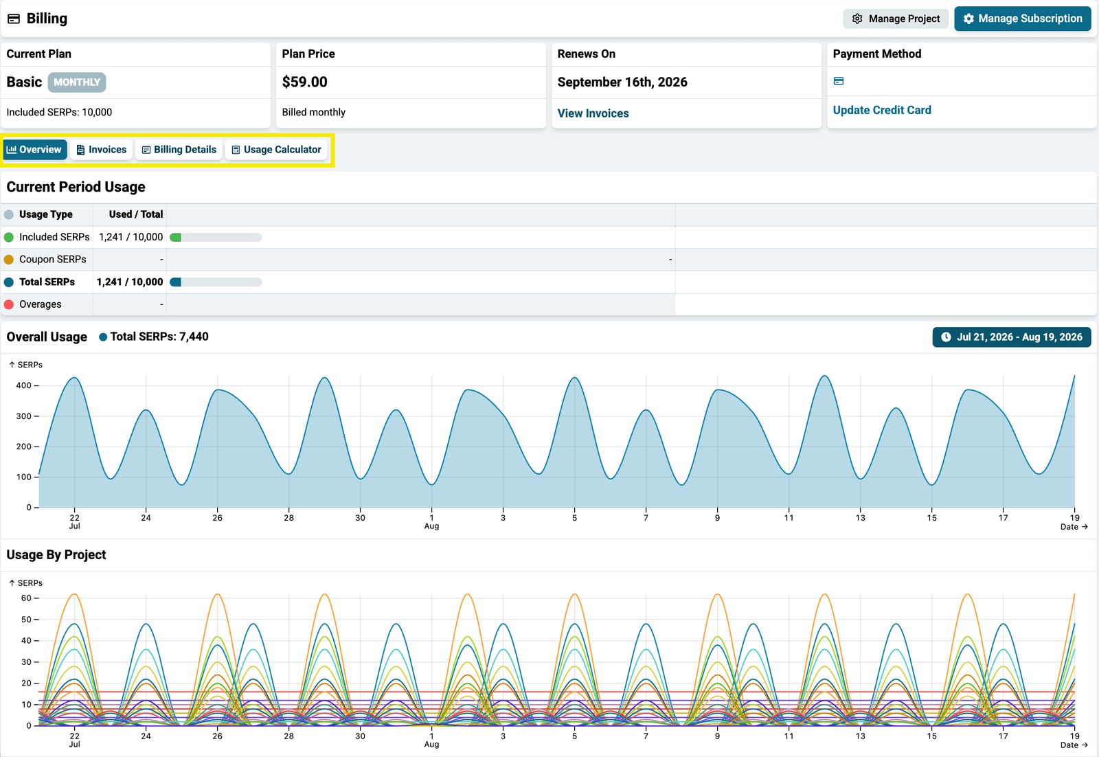 Billing page with the Usage Calculator tab for estimating monthly SERP needs