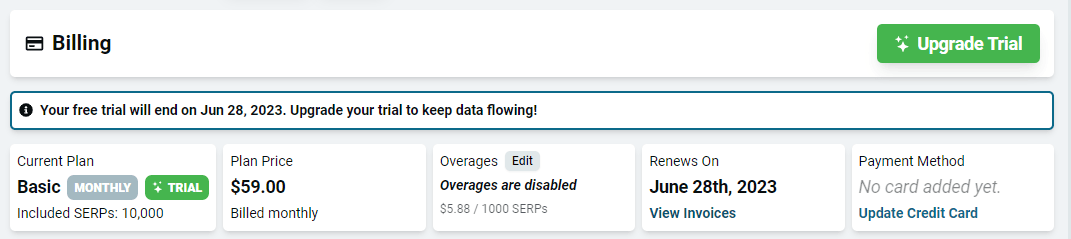 Upgrade Trial button on the billing page