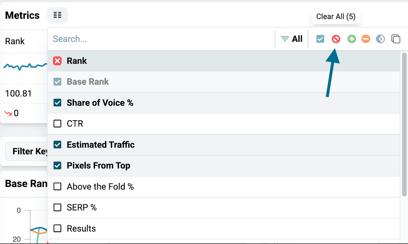 Red Clear All button that restores the default metric list