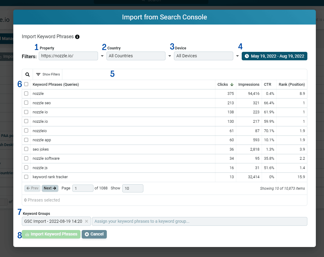 Import from Search Console box listing the keywords available to import