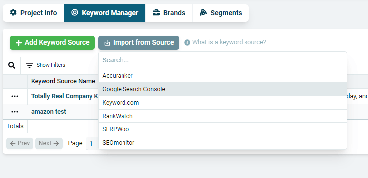 Keyword source dropdown with the Google Search Console option