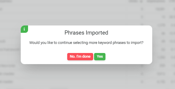 Keyword Manager showing the phrases imported from Search Console