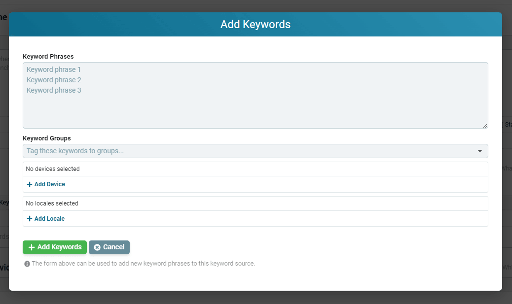 Adding keywords with per-phrase locales and devices in Advanced mode