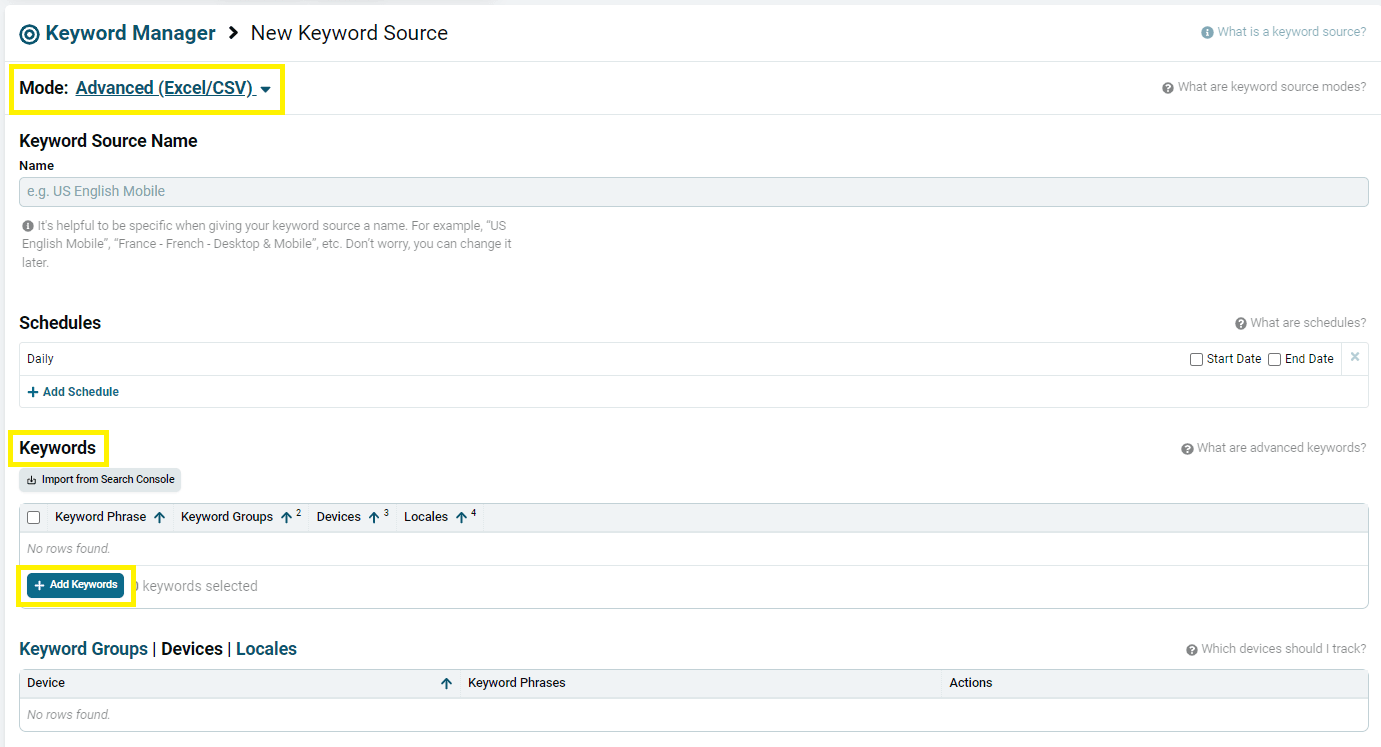 Advanced mode Keywords table with the Add Keywords button