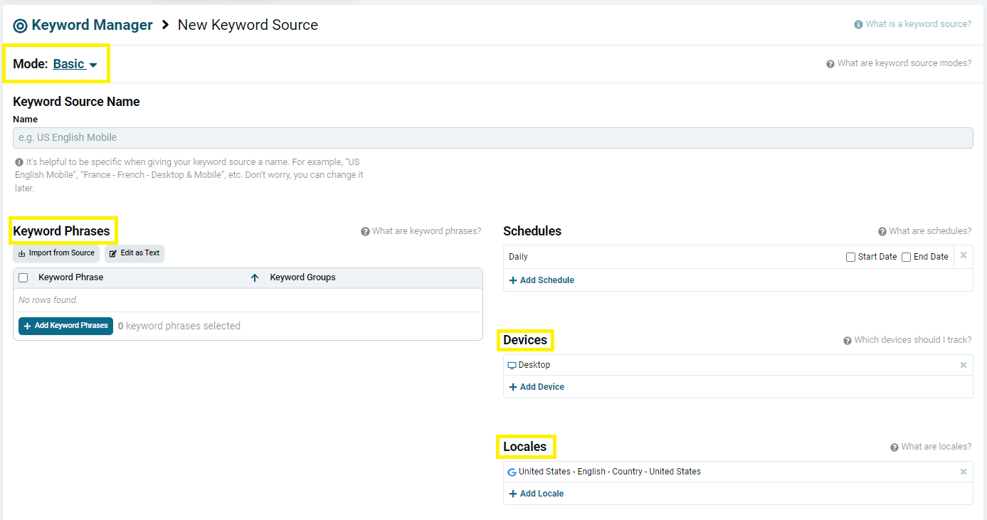 Basic mode with the Keyword Phrases and Keyword Groups fields