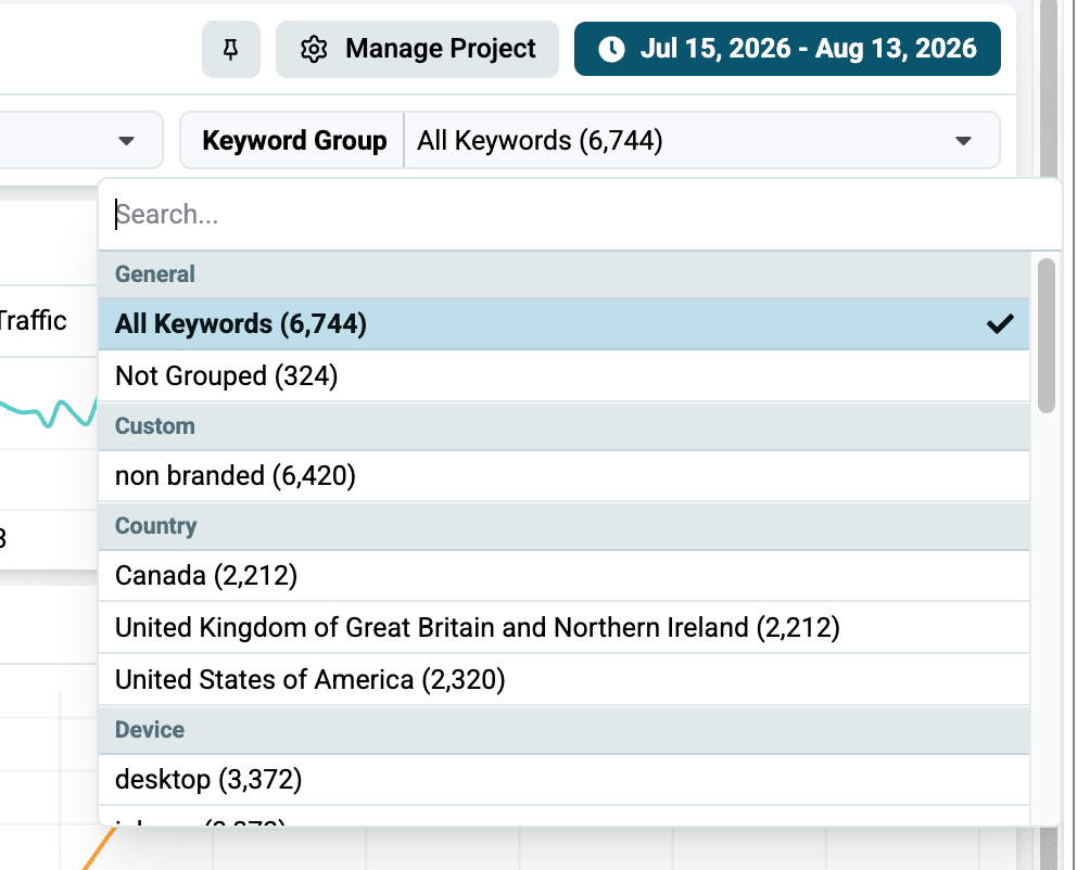 Keyword Group dropdown with custom and preset groups