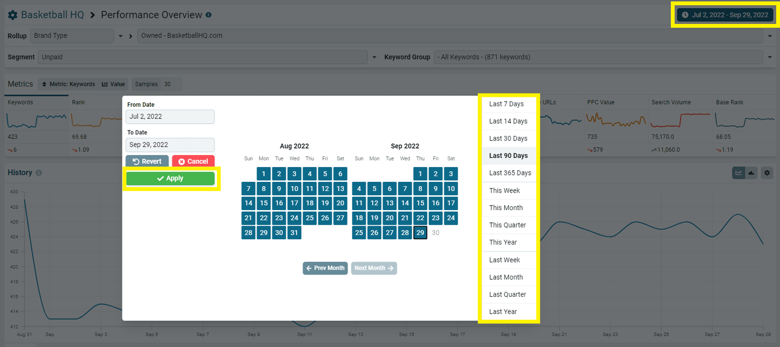 Date range picker with the green Apply button