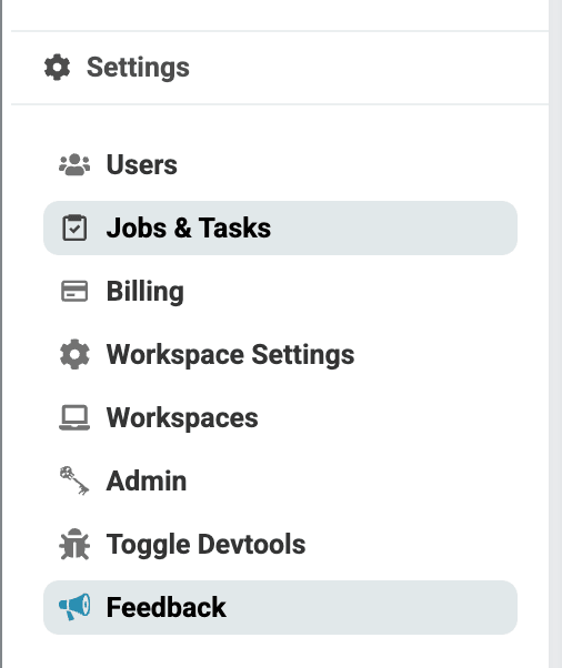 Settings menu with Jobs & Tasks, where finished exports are collected