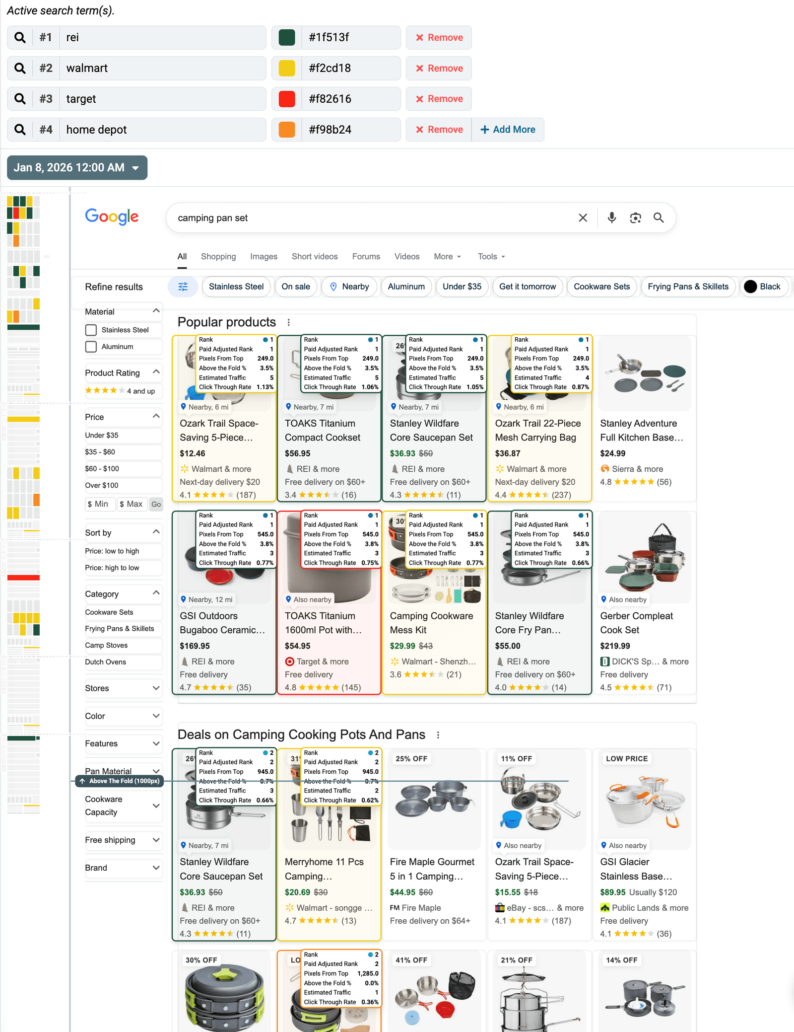 Nozzle Vision with several competitors highlighted in different colors on one SERP