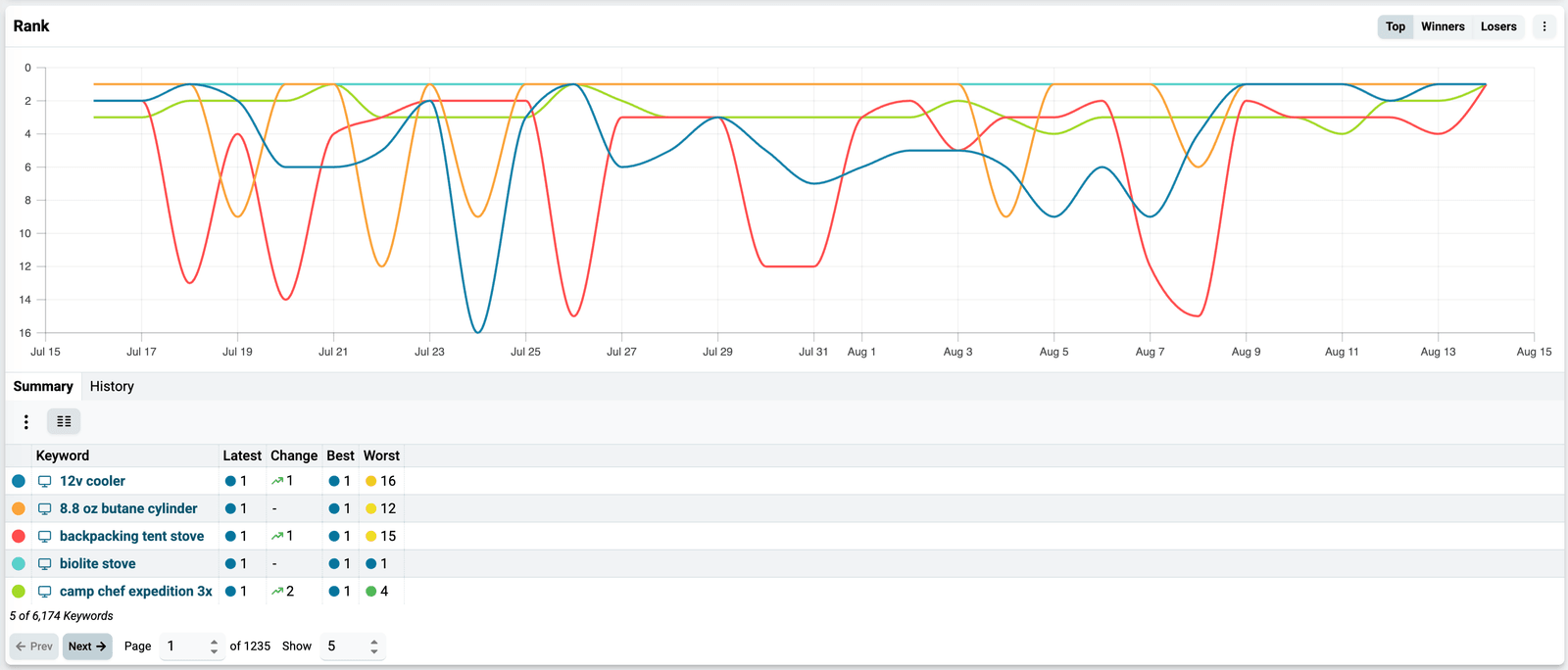 Summary chart with Top, Winners, and Losers toggles for keywords