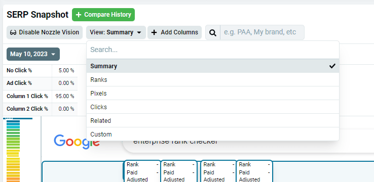View dropdown with preset metric groupings