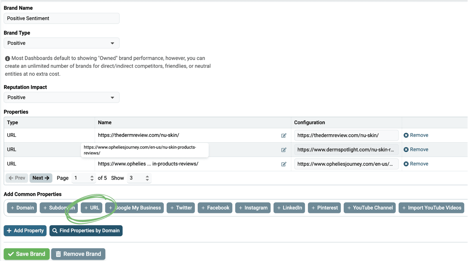 Properties table listing the exact URLs copied from the Reputation Management dashboard