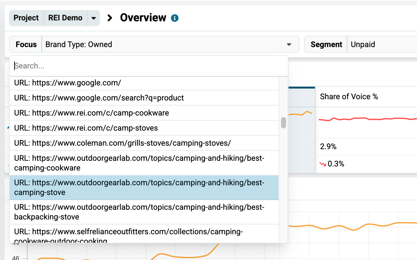 Dashboard with the Focus set to URL