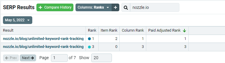 SERP Snapshot search box filtering the results table down to one site