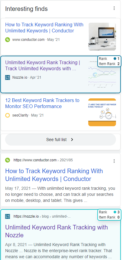 SERP Snapshot where Nozzle holds rank 1 with an item rank of 2 inside a results pack