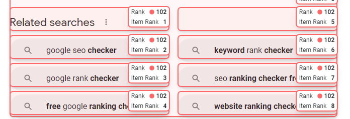 Related searches result where each suggestion carries its own item rank