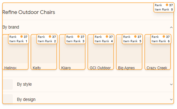 Refined search result where each option carries its own item rank