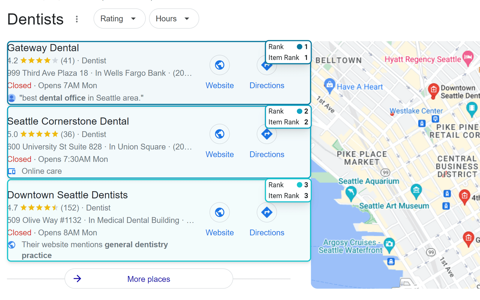 Local pack result where each listing carries its own item rank