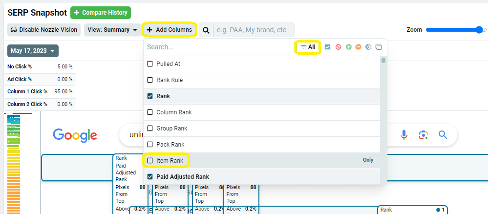 item rank in SERP