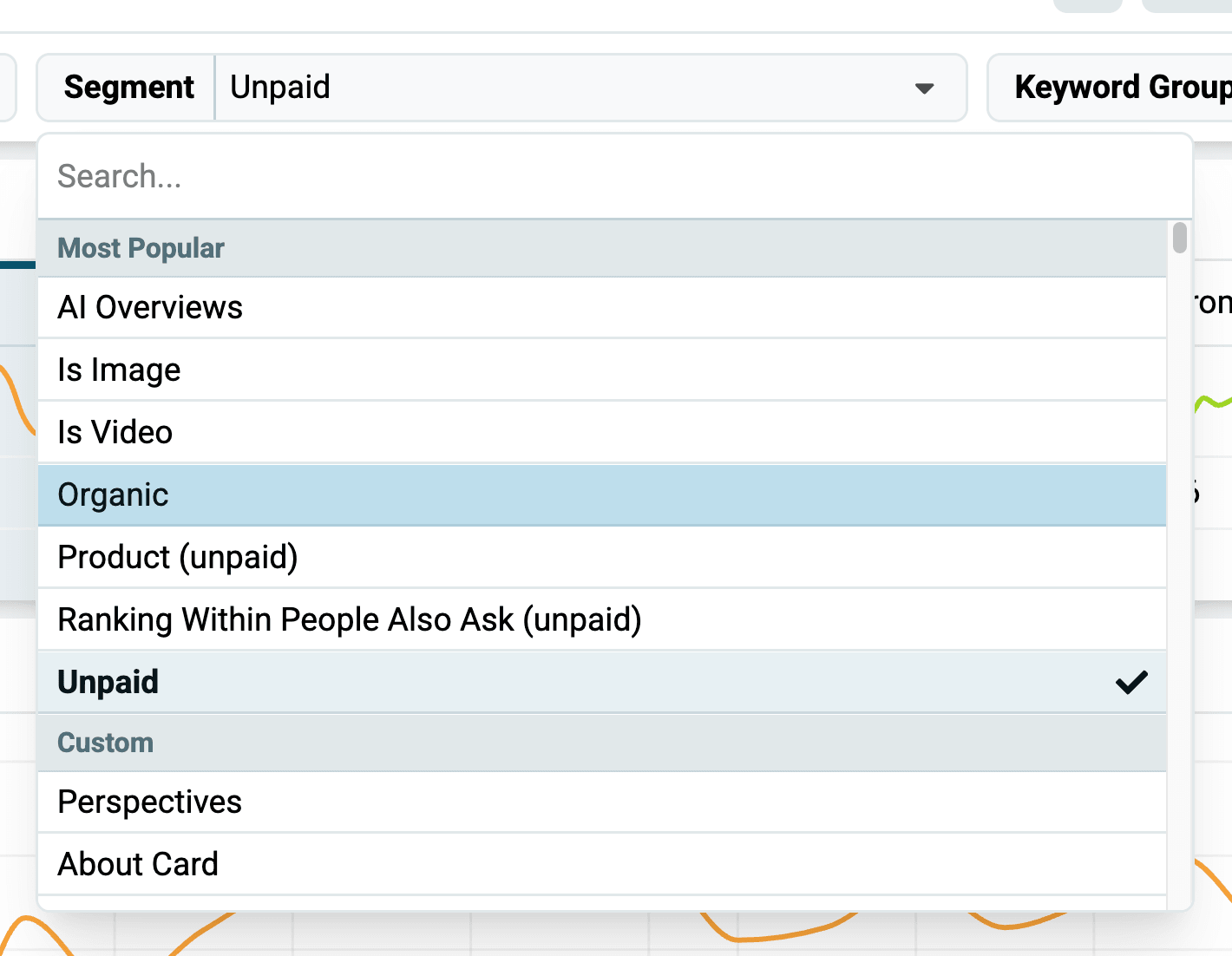 Segment dropdown open with Organic highlighted and Unpaid currently selected