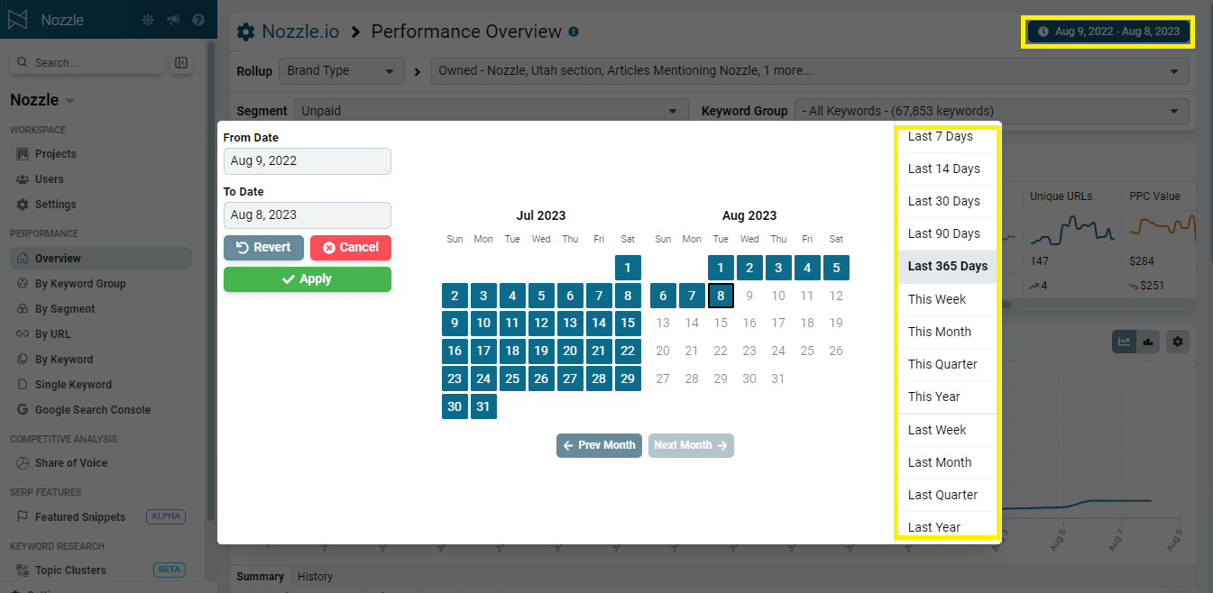 Preset date ranges in the date picker popup
