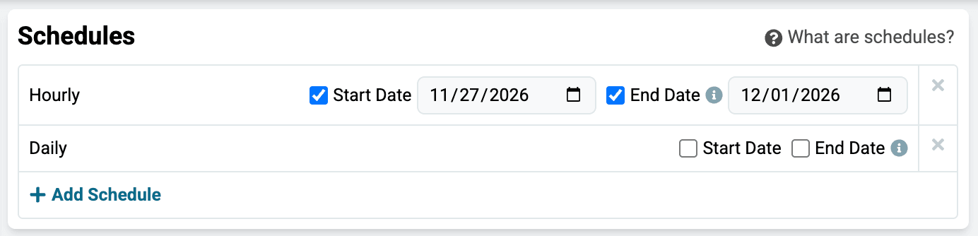 Schedules card for a keyword set with two rows. Hourly, with Start Date checked and set to 11/27/2026 and End Date checked and set to 12/01/2026, and Daily with no dates set. An Add Schedule button sits below the rows.