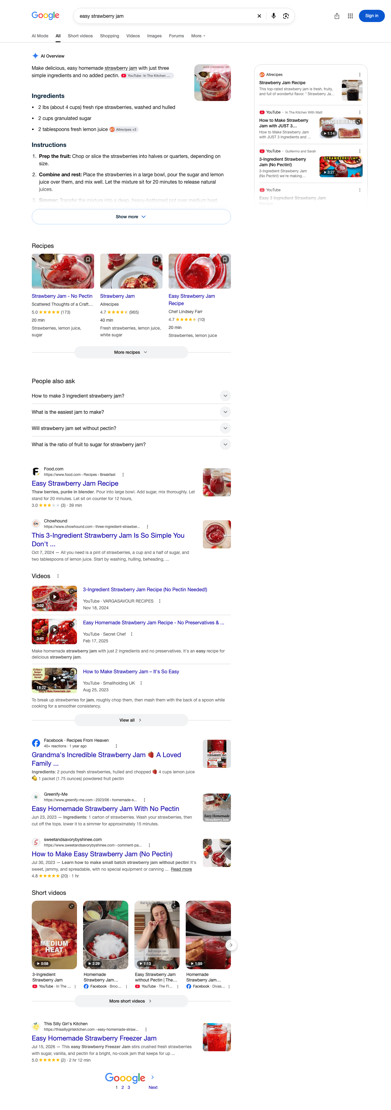 Google results page for “easy strawberry jam”, normal SERP on Oct 1, Desktop, United States