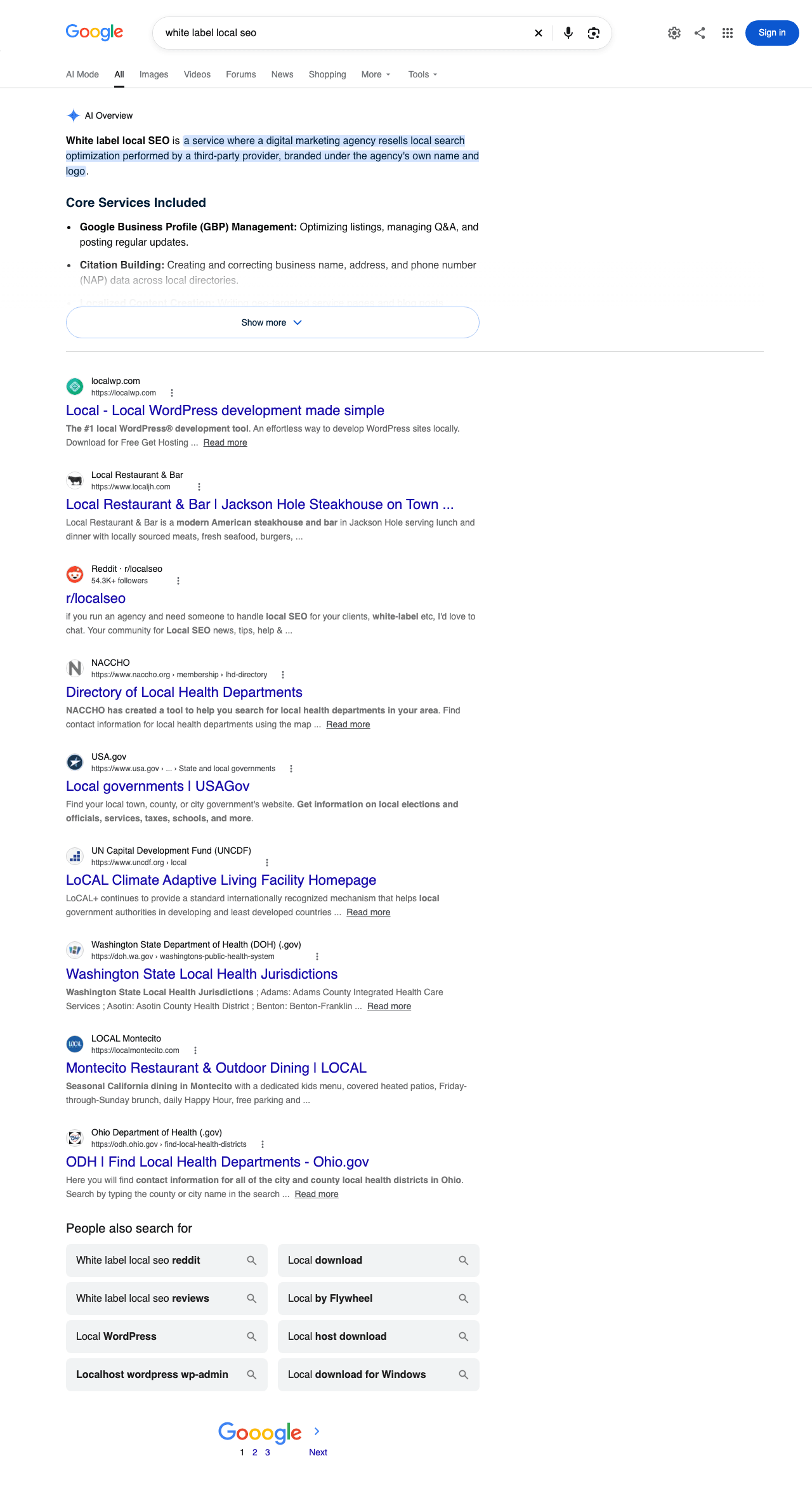 Google results page for “white label local seo”, poisoned SERP on Oct 7, Desktop, United States