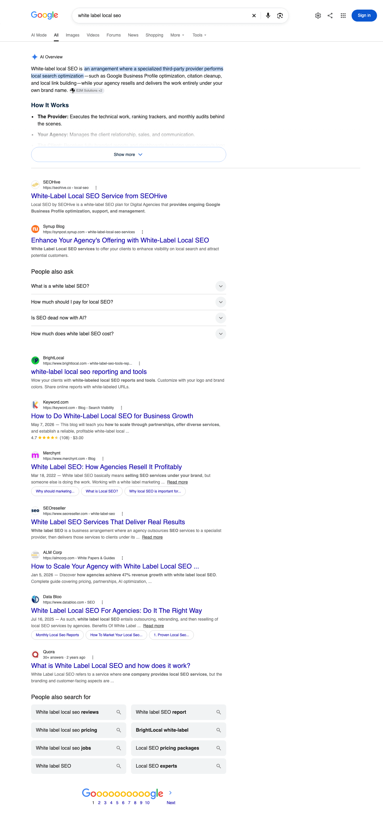 Google results page for “white label local seo”, normal SERP on Oct 4, Desktop, United States