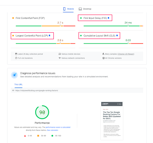 page speed metrics