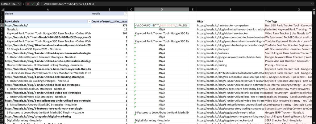 vlookup formula to match SERP title text with title tags