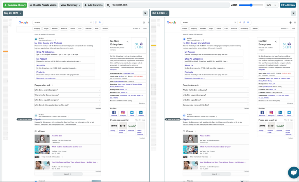 ORM SEO tracking - side by side SERP snapshot